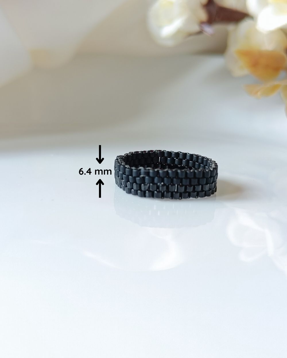 Black Miyuki Ring that is handmade with high quality Japanese seed beads and is available in all the sizes