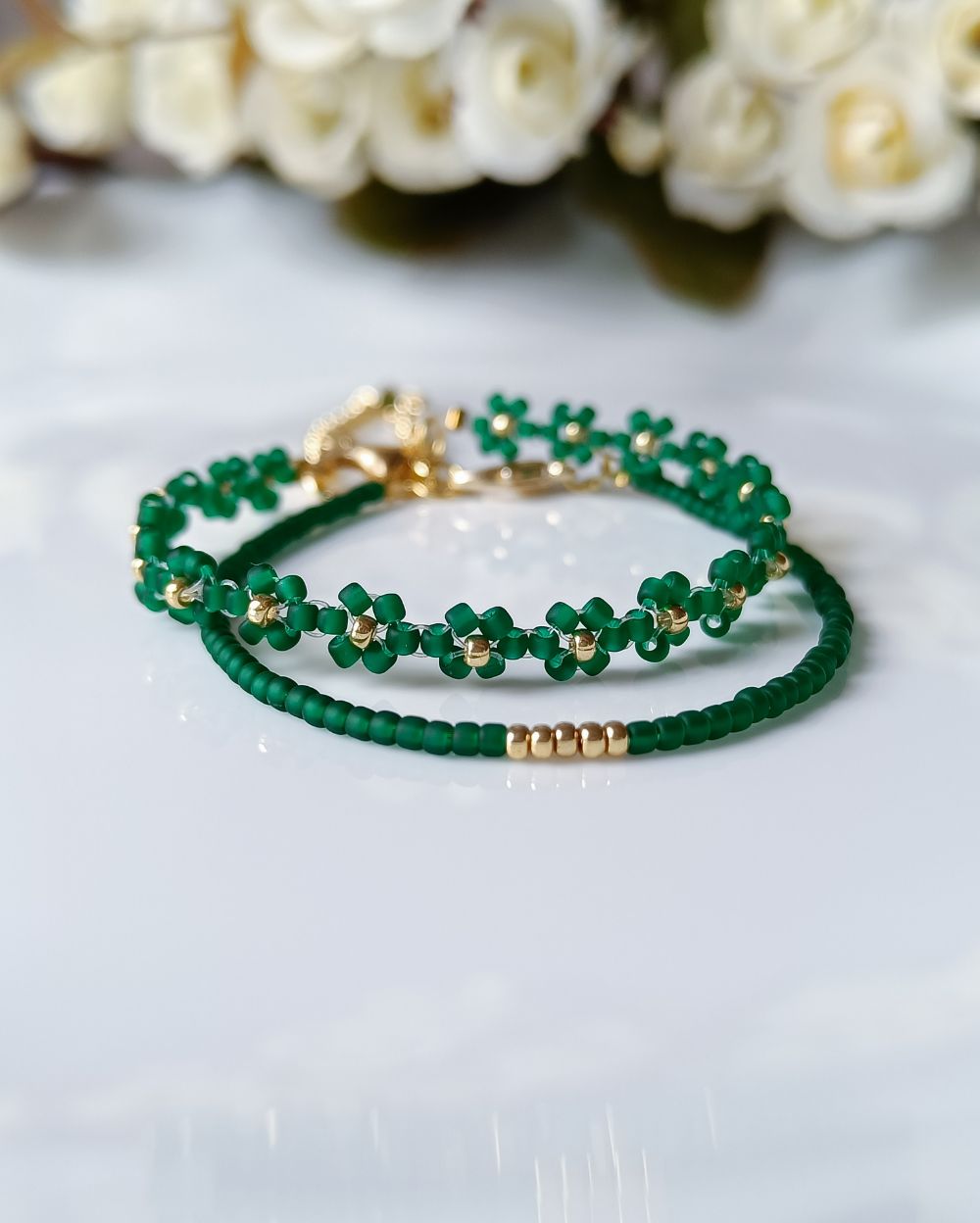 Emerald green flower beaded bracelet combo that is handmade with the finest Japanese seed beads.