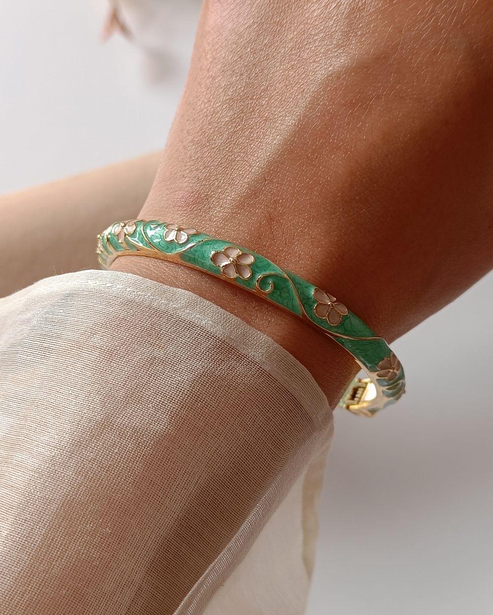 Enamel Flower Bangle - Green and Peach