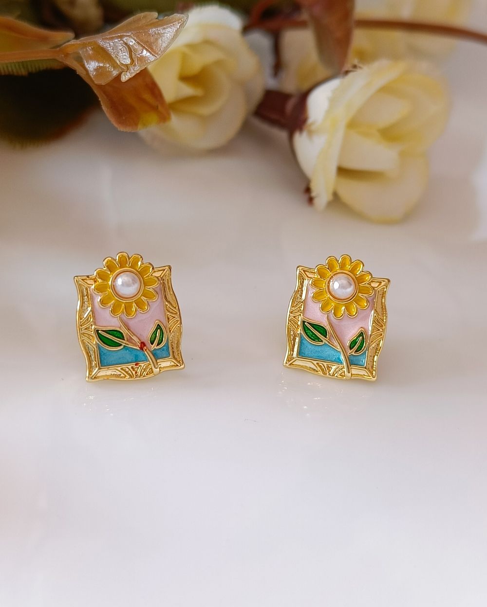 Sunflower Enamel Studs - 18K Gold Plated Copper