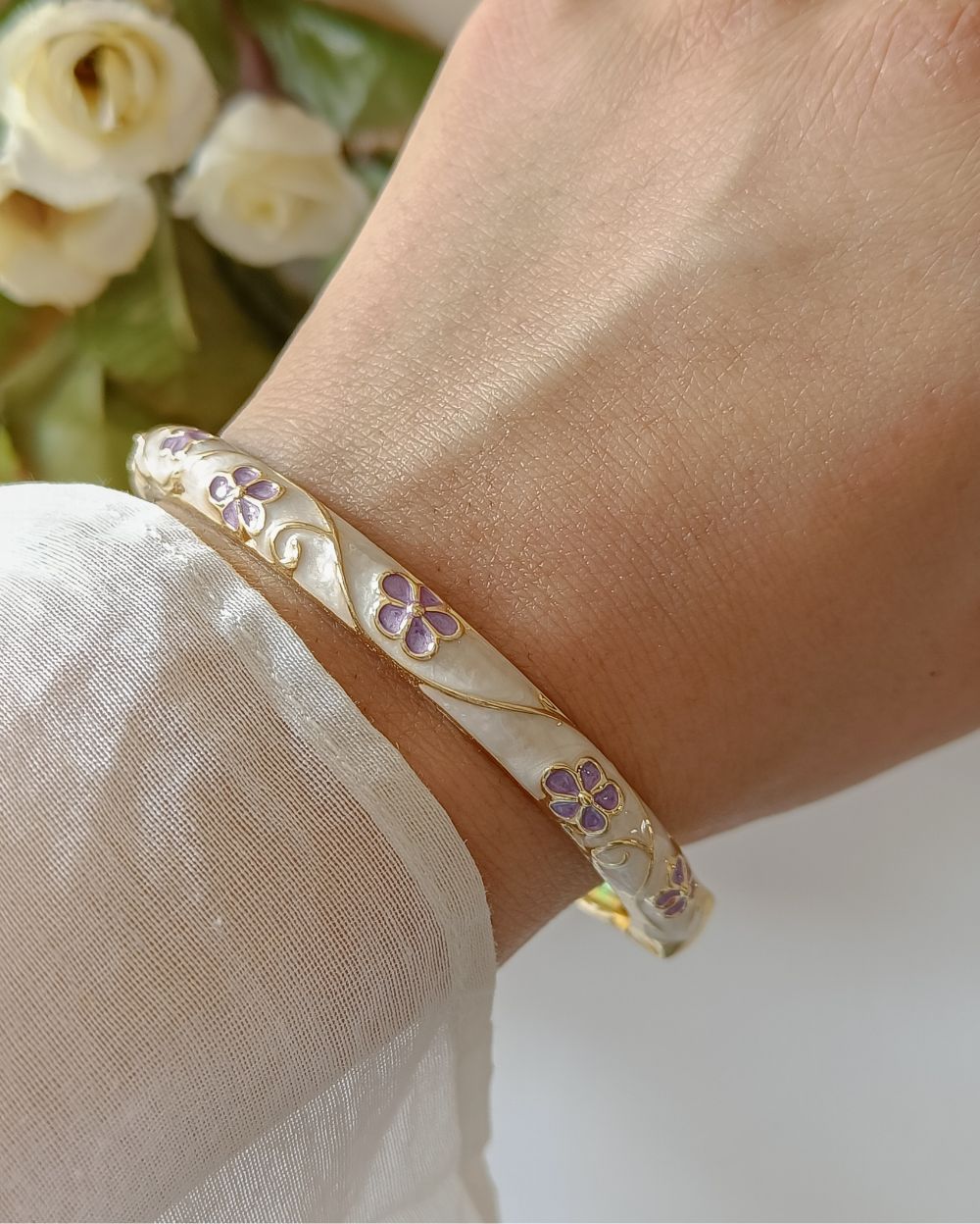 Enamel Flower Bangle - Purple and Ivory
