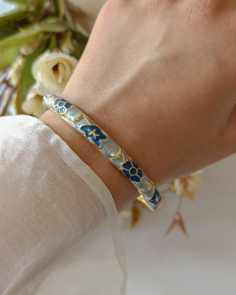 Enamel Flower Bangle - Pastel Blue and Dark Blue