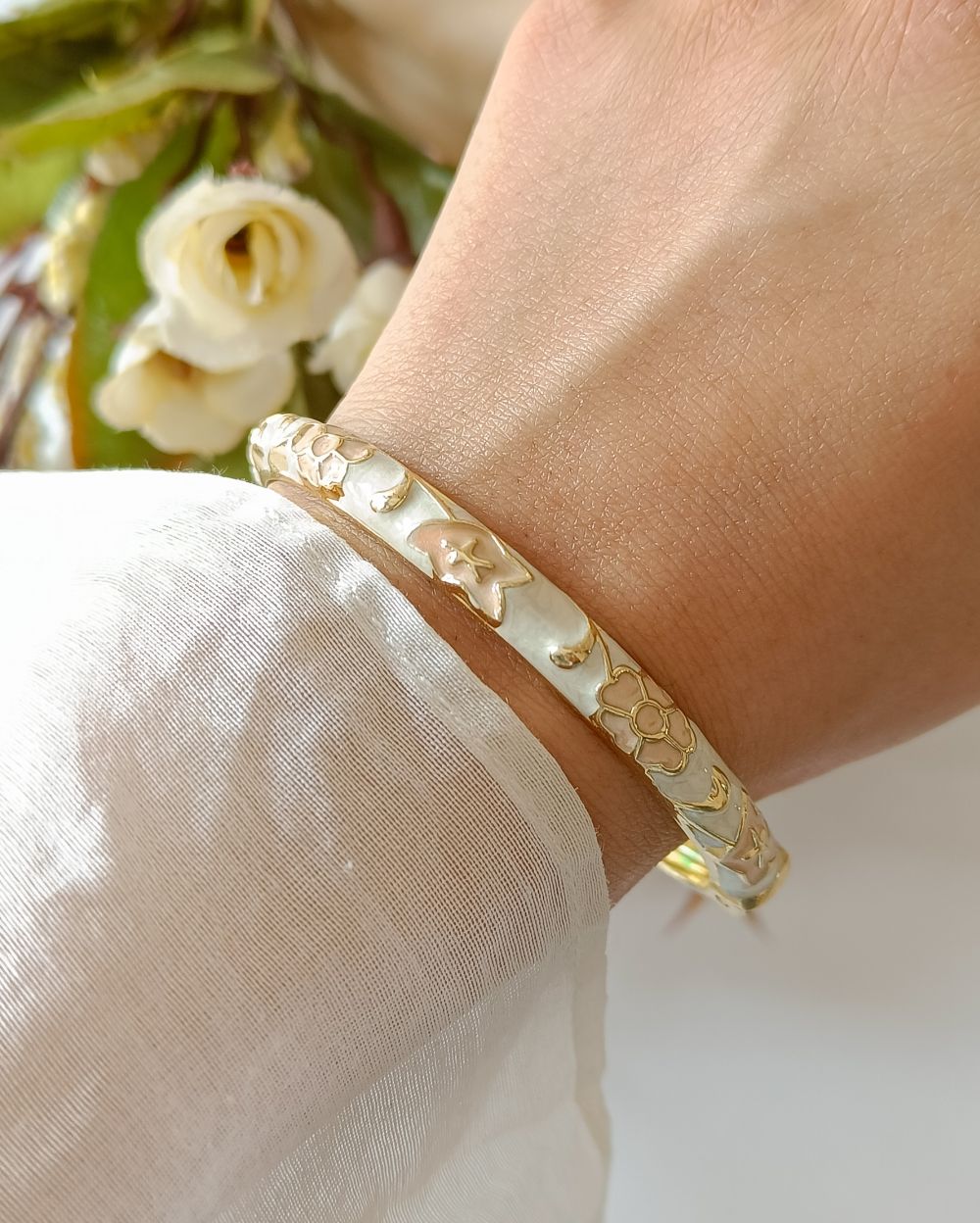 Enamel Flower Bangle - Ivory and Peach