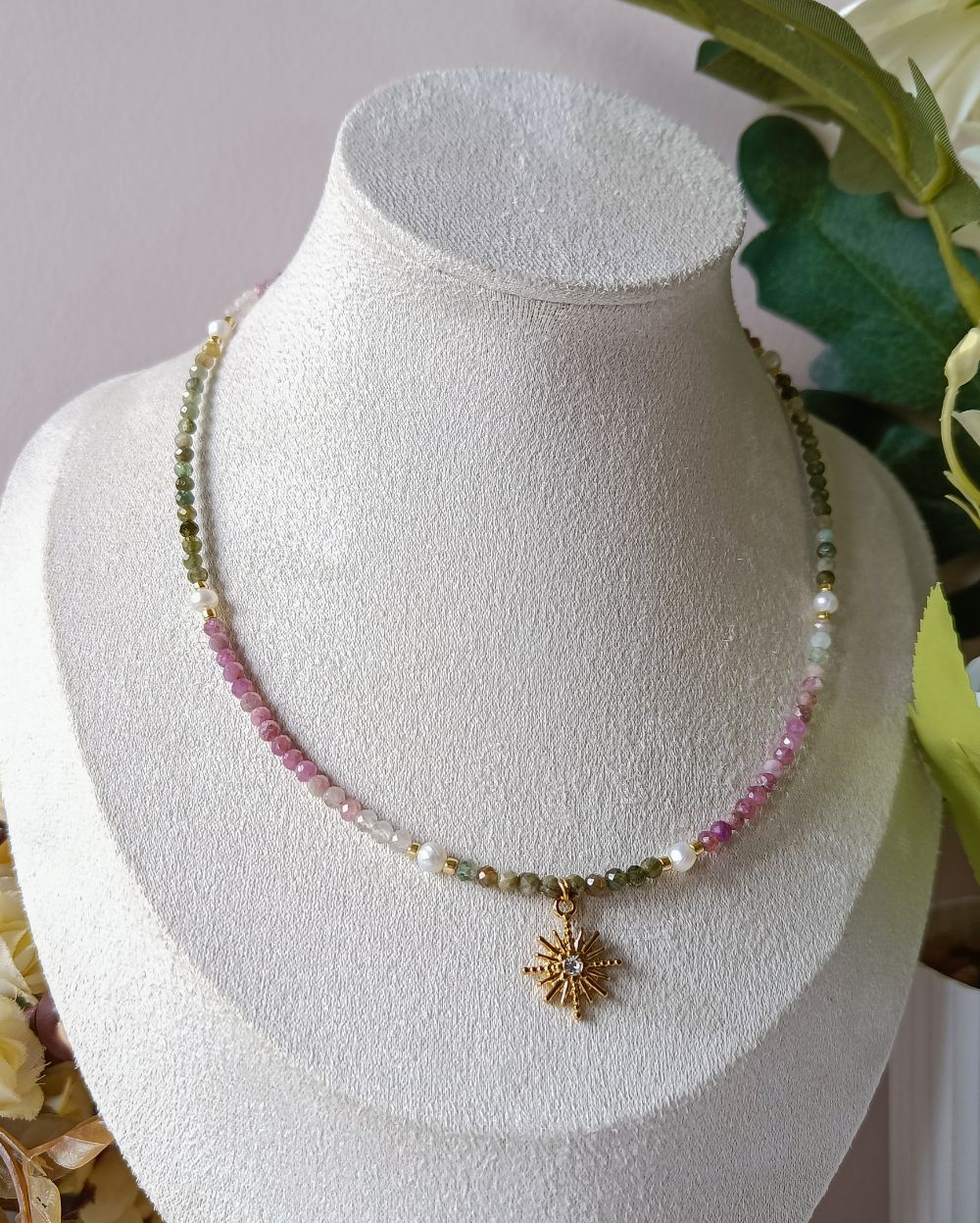 Dainty Watermelon Tourmaline Charm Necklace ( Semi-Precious)