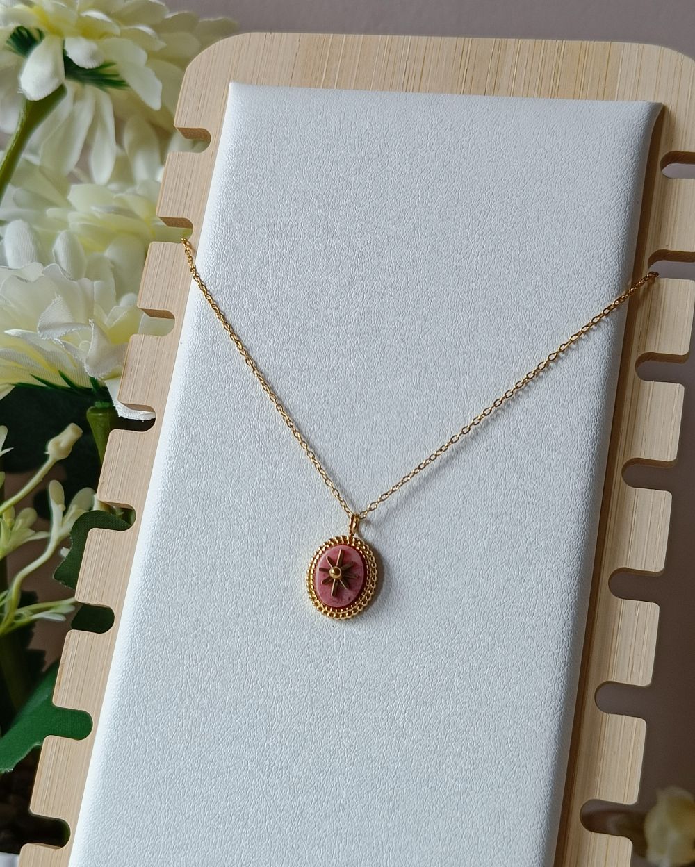 Dusty Rose Stone Pendant Necklace - 18K PVD Plated Stainless Steel