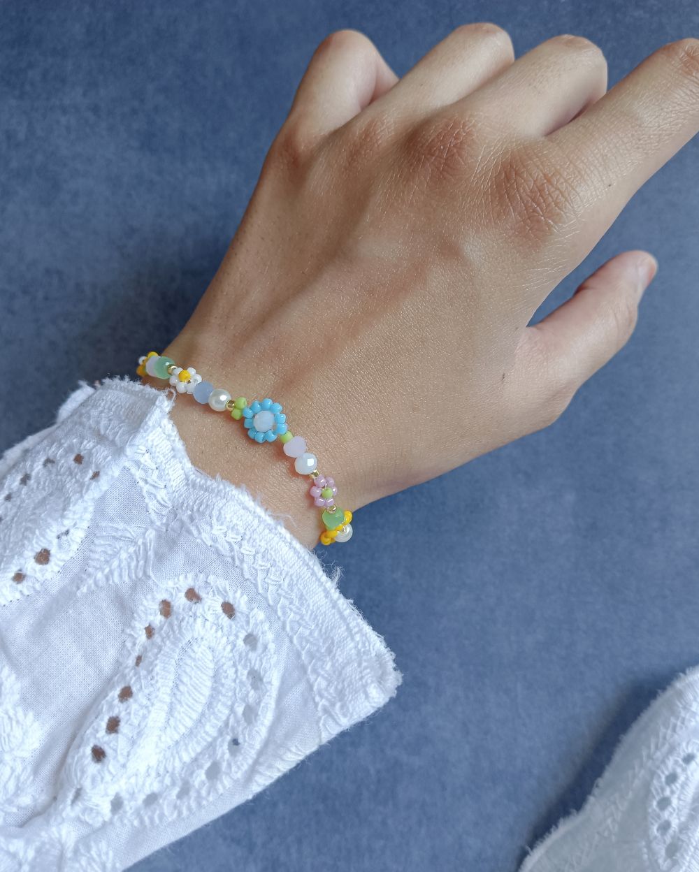 Pastel and unique flower beaded bracelets for girls in India that is handmade with high quality japanese seed beads