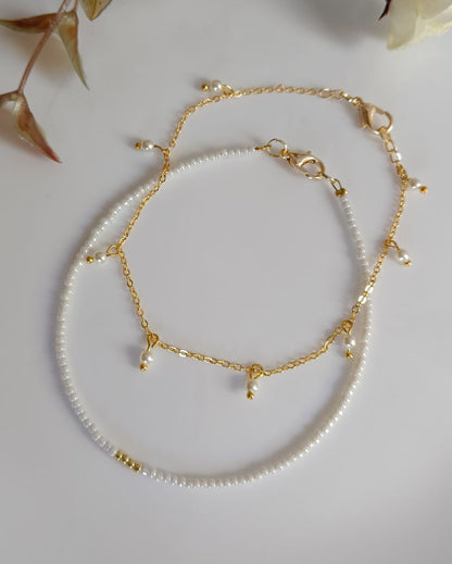 Two layered beaded anklet with chain. The anklet is handcrafted with high quality Japanese seed beads and brass dainty chain.