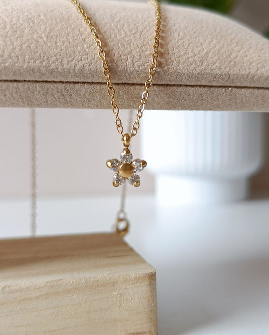Dainty Zircon Flower Charm Necklace - 18K PVD Plated Stainless Steel