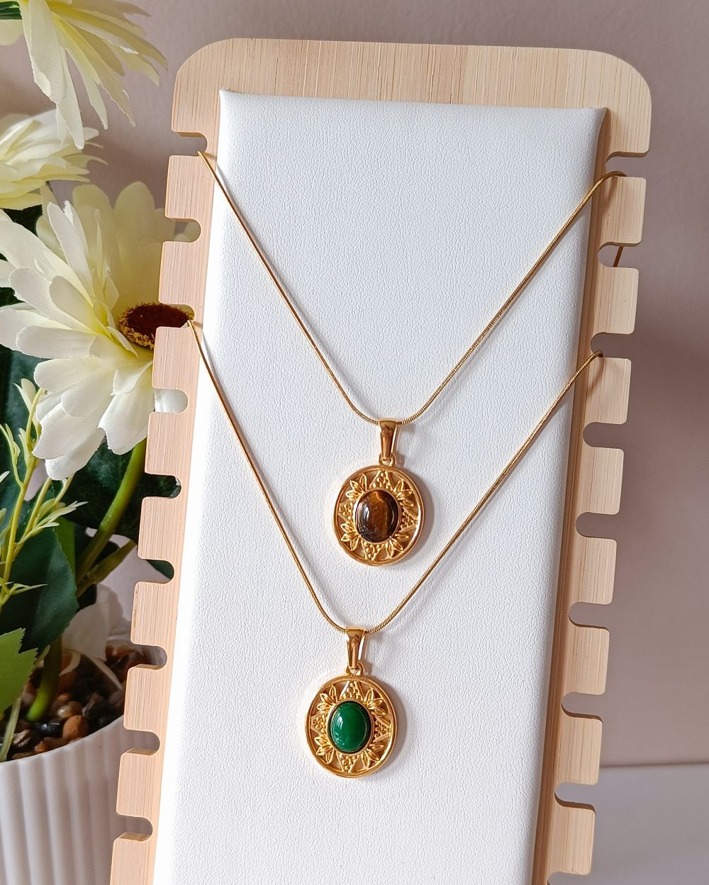 Engraved Agate Stone Locket - 18K PVD Plated Stainless Steel