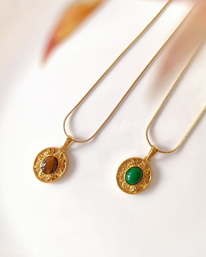 Engraved Agate Stone Locket - 18K PVD Plated Stainless Steel