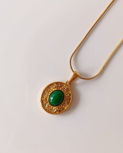 Engraved Agate Stone Locket - 18K PVD Plated Stainless Steel