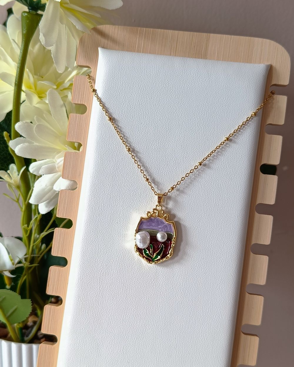 Vintage Purple Enamel Flower Necklace - 18K PVD Plated Stainless Steel