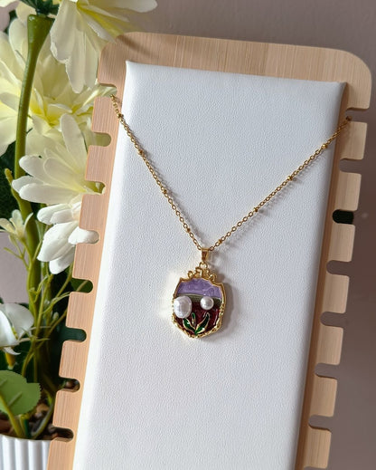 Vintage Purple Enamel Flower Necklace - 18K PVD Plated Stainless Steel