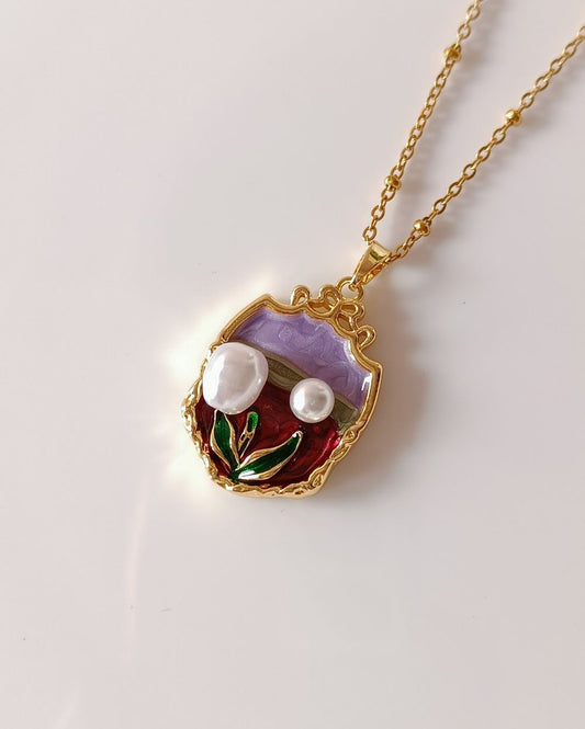 Vintage Purple Enamel Flower Necklace - 18K PVD Plated Stainless Steel