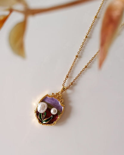 Vintage Purple Enamel Flower Necklace - 18K PVD Plated Stainless Steel