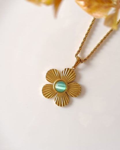 Stone Center Flower Pendant - 18K PVD Plated Stainless Steel
