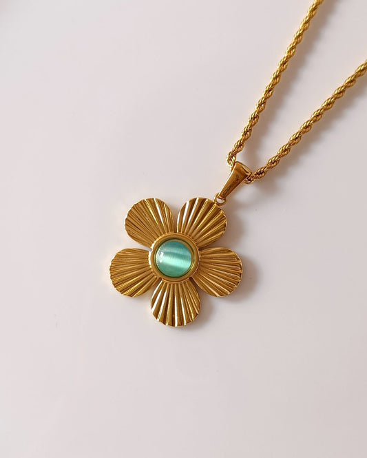 Stone Center Flower Pendant - 18K PVD Plated Stainless Steel