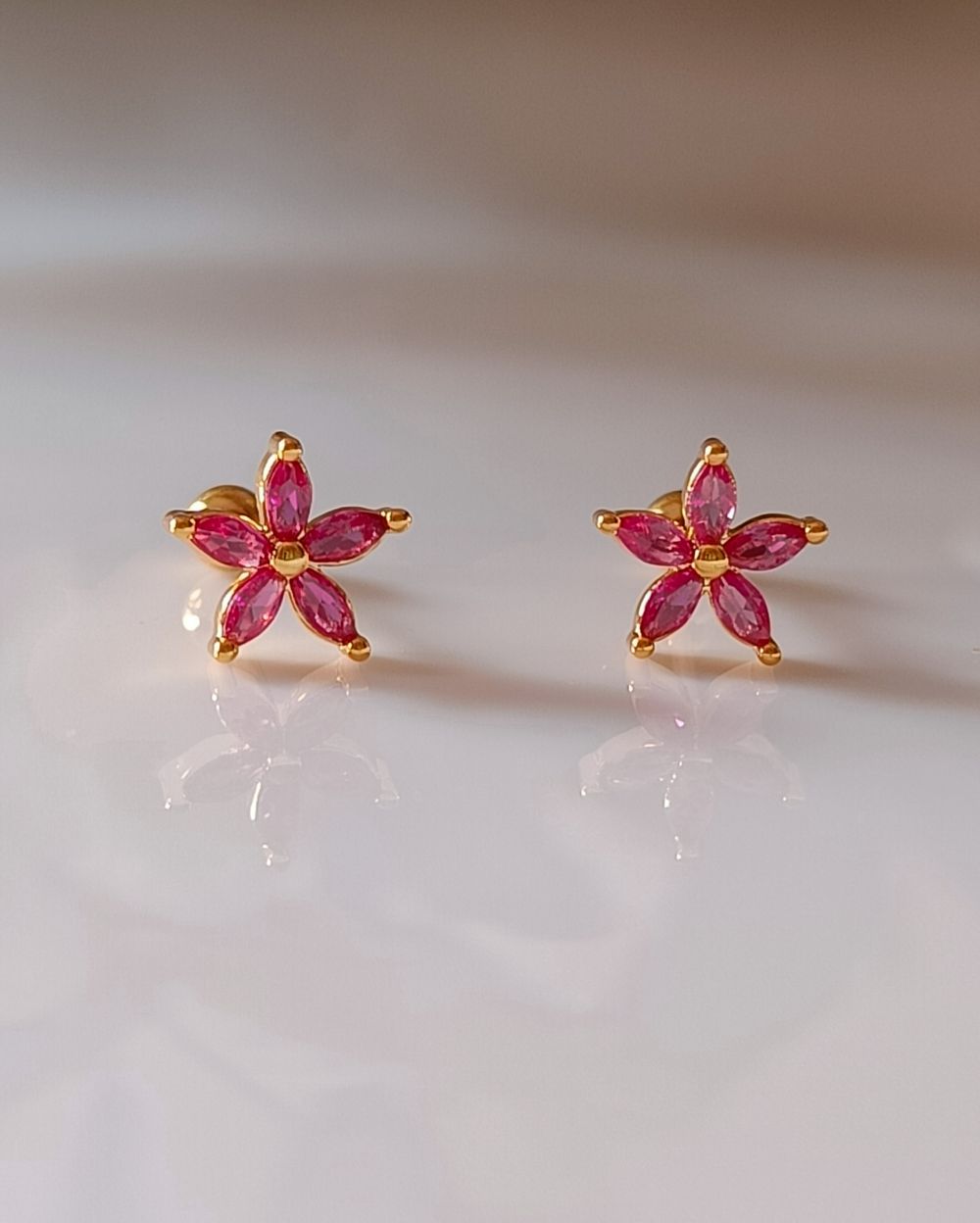 Dainty Pink Zircon Floral Stud - 18K PVD Plated Stainless Steel