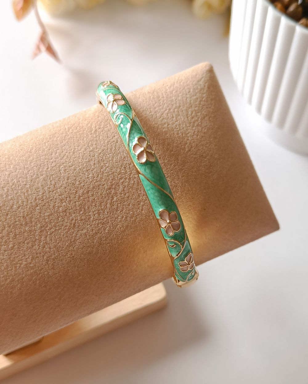 Enamel Flower Bangle - Green and Peach
