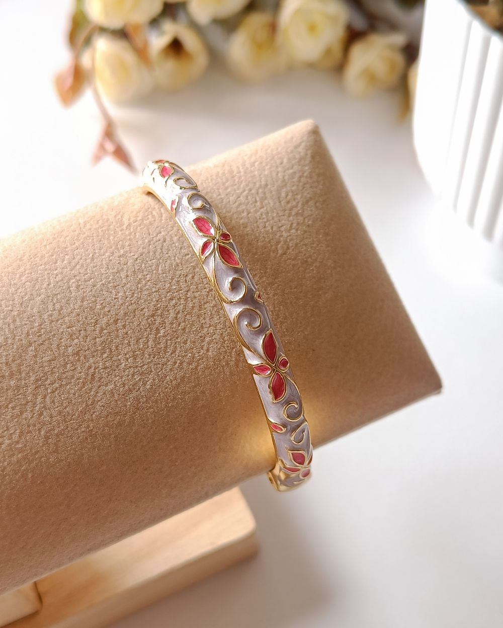 Enamel Flower Bangle - Lilac and Dark Pink