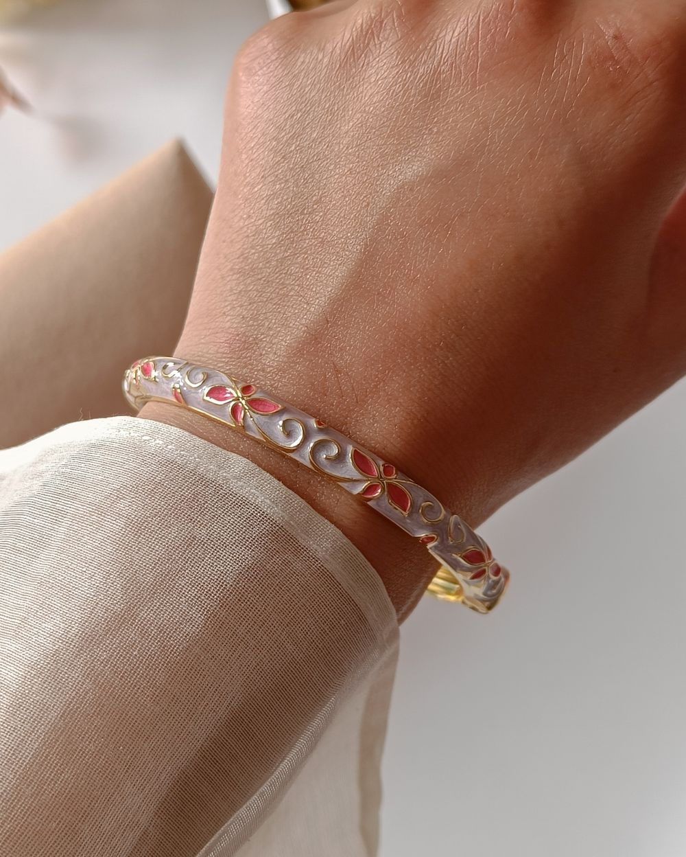 Enamel Flower Bangle - Lilac and Dark Pink