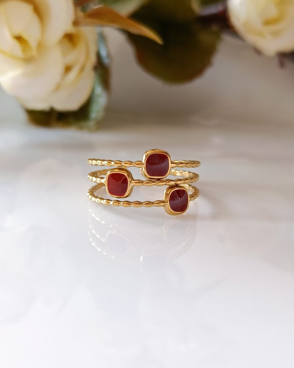 Ruby Tone Enamel Ring - 18K PVD Plated Stainless Steel
