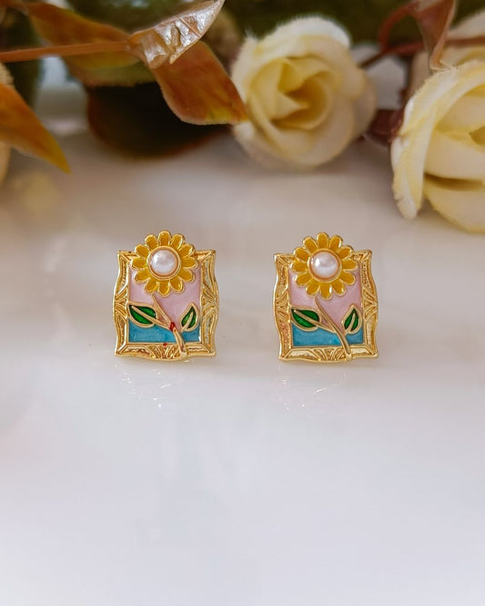 Sunflower Enamel Studs - 18K Gold Plated Copper