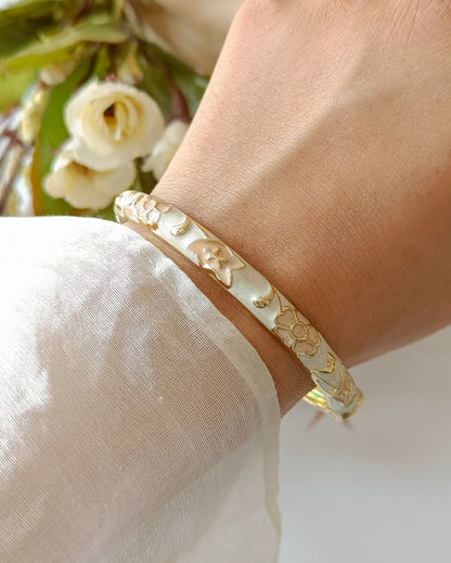 Enamel Flower Bangle - Ivory and Peach