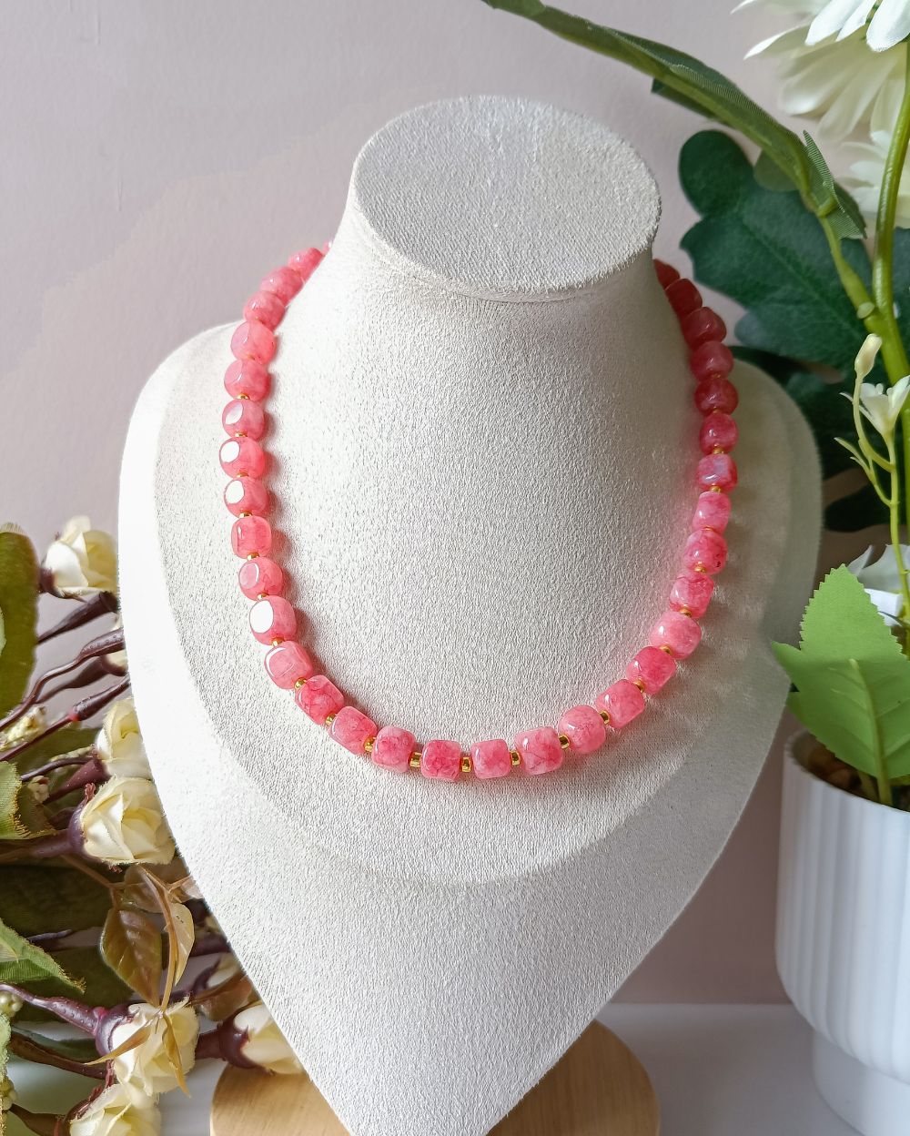 Bubblegum Pink Cube Agate Necklace