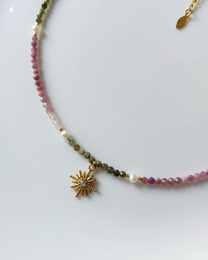 Dainty Watermelon Tourmaline Charm Necklace ( Semi-Precious)