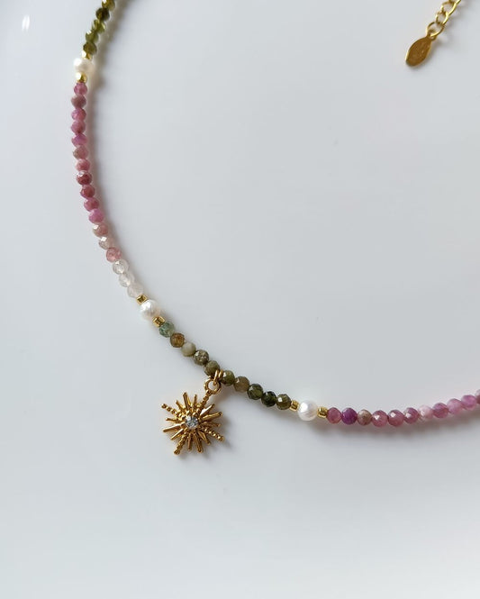 Dainty Watermelon Tourmaline Charm Necklace ( Semi-Precious)