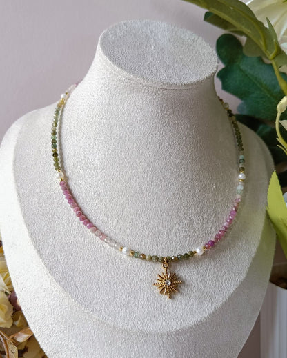 Dainty Watermelon Tourmaline Charm Necklace ( Semi-Precious)