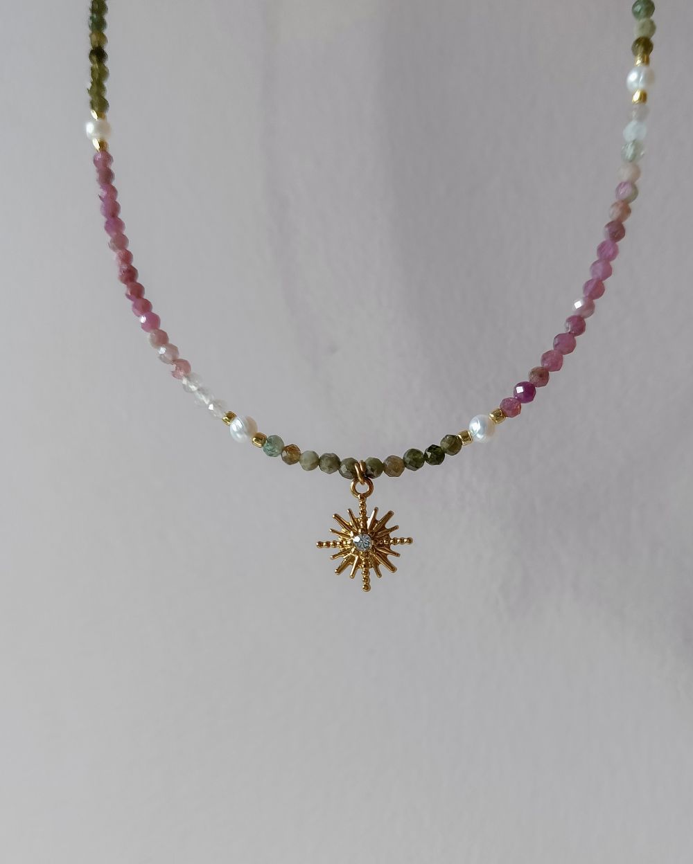 Dainty Watermelon Tourmaline Charm Necklace ( Semi-Precious)