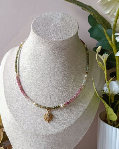 Dainty Watermelon Tourmaline Charm Necklace ( Semi-Precious)