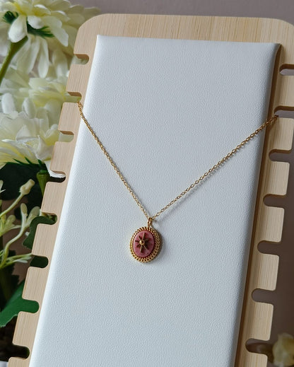 Dusty Rose Stone Pendant Necklace - 18K PVD Plated Stainless Steel