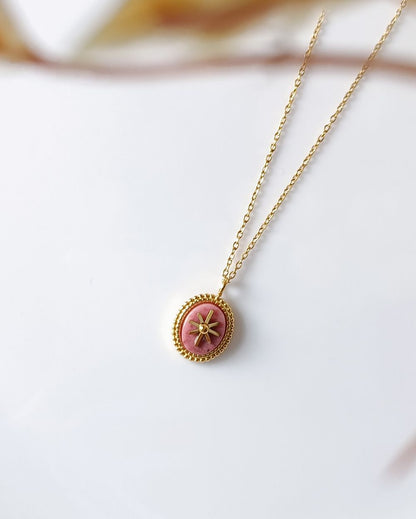 Dusty Rose Stone Pendant Necklace - 18K PVD Plated Stainless Steel