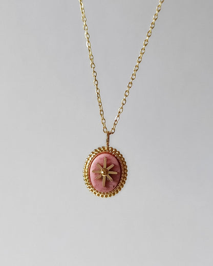 Dusty Rose Stone Pendant Necklace - 18K PVD Plated Stainless Steel