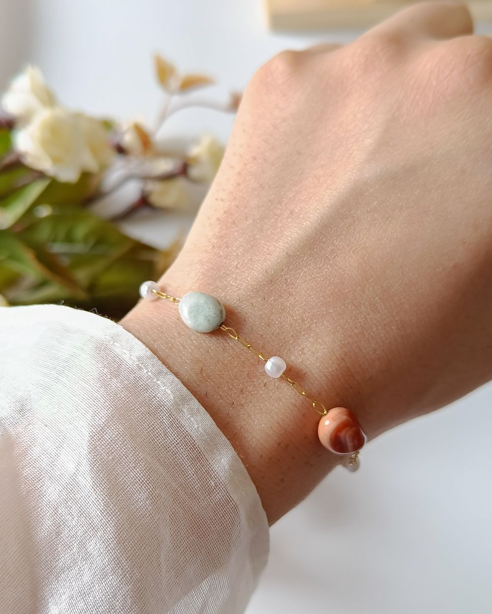 Earthy Pastel Beaded Chain Bracelet - 18K PVD Plated Stainless Steel