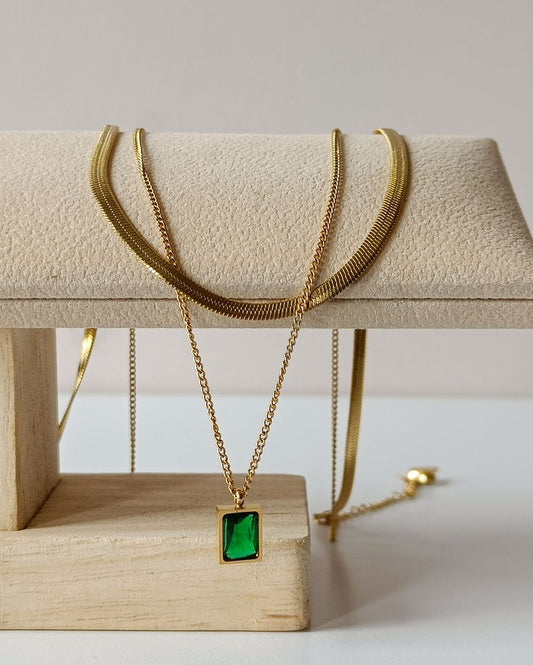 Emerald Snake Chain Double Layer Necklace - Stainless Steel