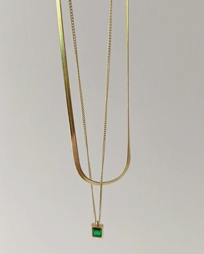 Emerald Snake Chain Double Layer Necklace - Stainless Steel